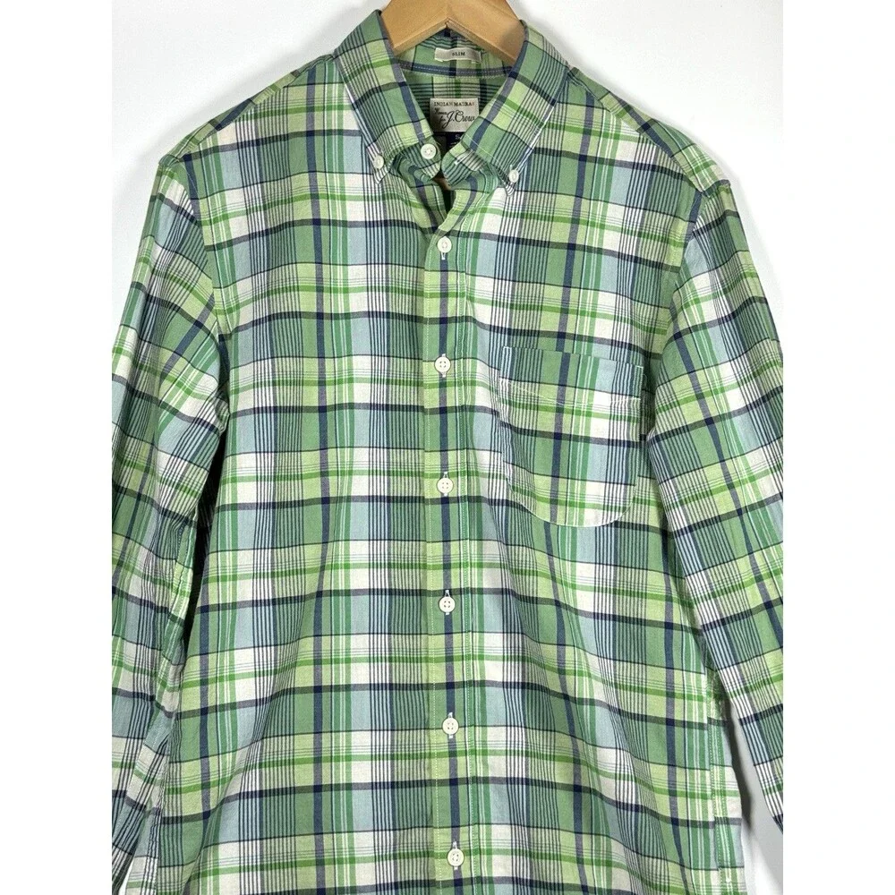 J‎ Crew Indian Madras Shirt Mens Small Green Plaid Slim Fit Cotton Button Front